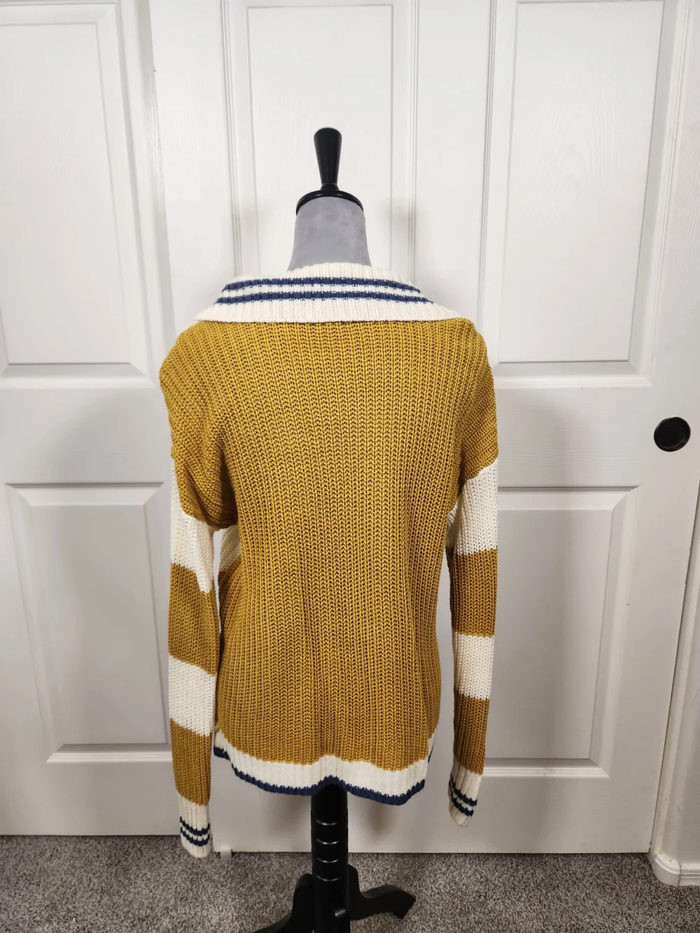 Buckle Striped V-Neck Sweater in Mustard and Cream with Navy Trim